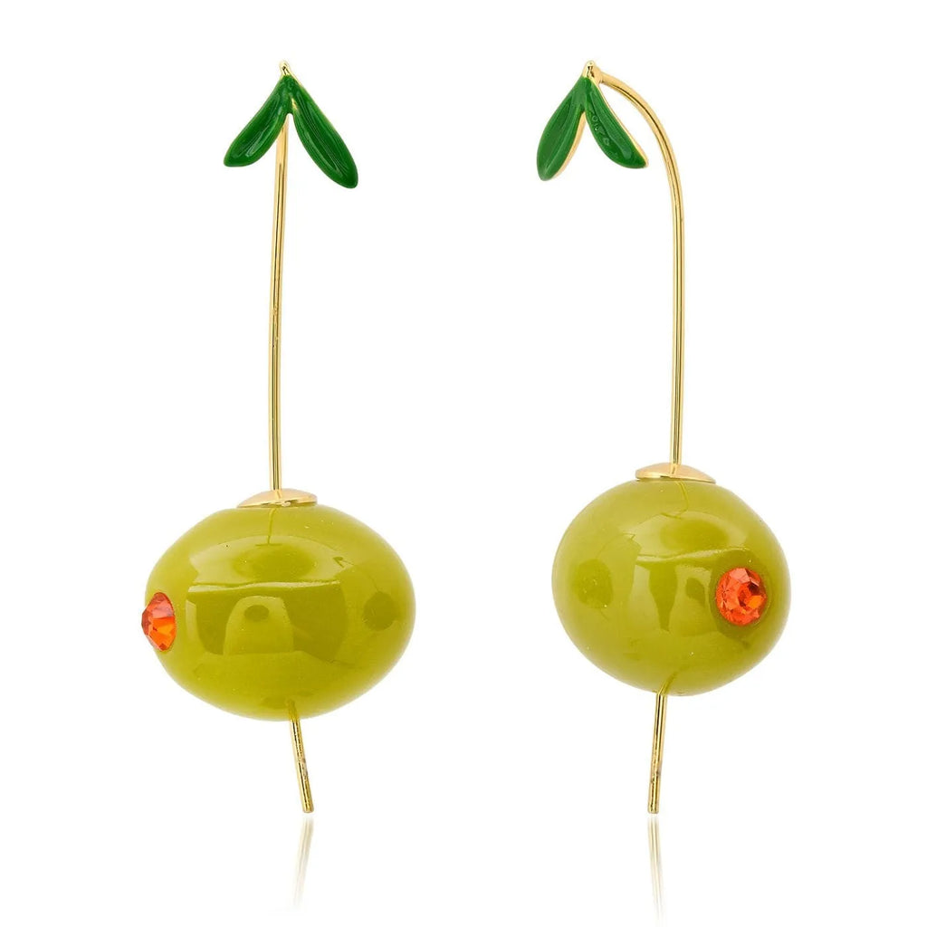 Gold plated copper earrings with colourful fruit and vegetable designs including carrot, lemon, and blueberry styles.