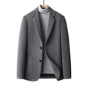 Men's slim fit grey wool suit jacket for autumn winter wear.
