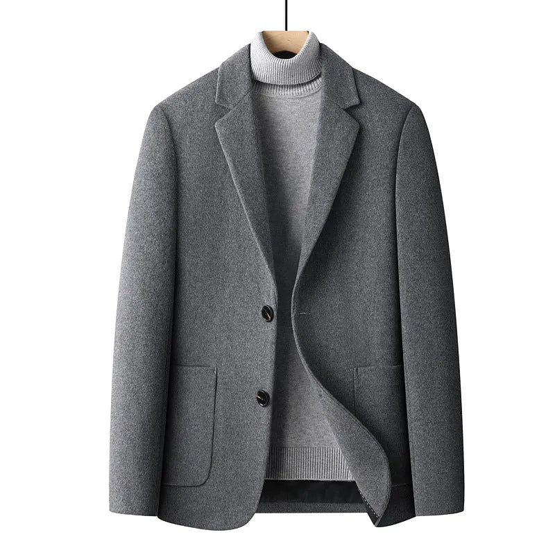 Men's slim fit grey wool suit jacket for autumn winter wear.