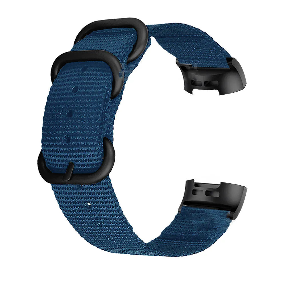 Nylon replacement strap with buckle for Fitbit Charge 2, 3, 4, and 5 fitness trackers.