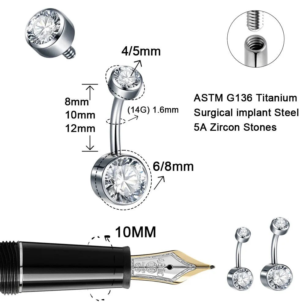 Double-headed zircon titanium alloy navel stud body jewellery on a white background.
