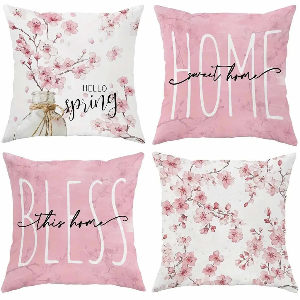 45cm square short velvet cushion cover with cherry blossom and letter design in four colour options