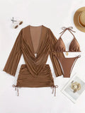 Women's dark brown lace-up bikini swimsuit with backless design