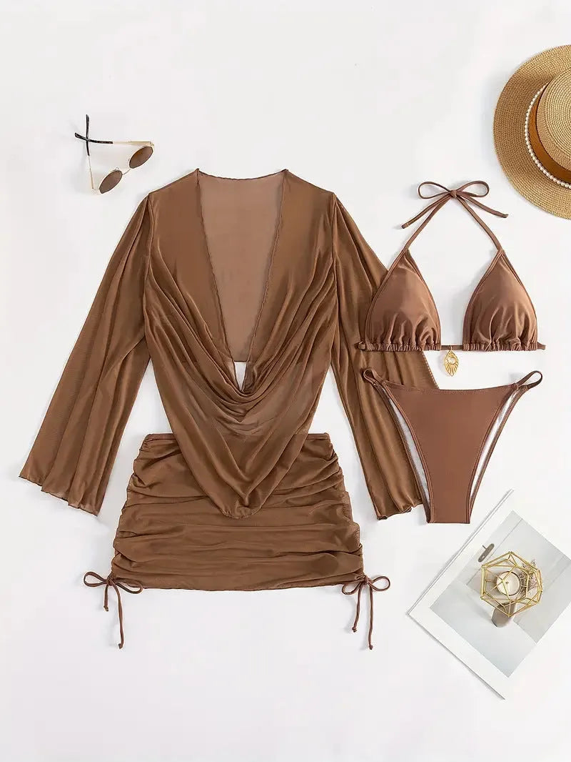 Women's dark brown lace-up bikini swimsuit with backless design