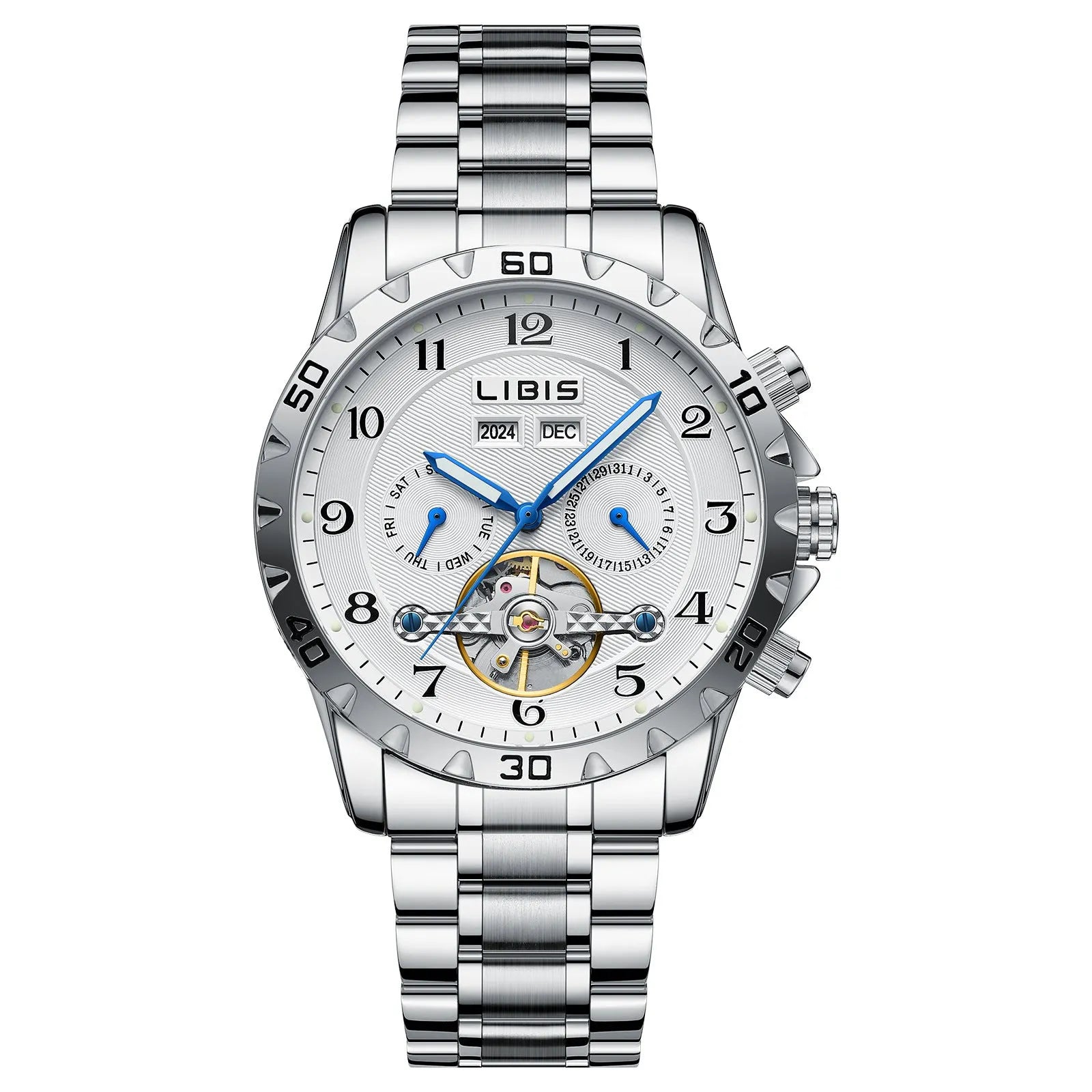 Men's silver stainless steel automatic perpetual calendar mechanical watch with business styling