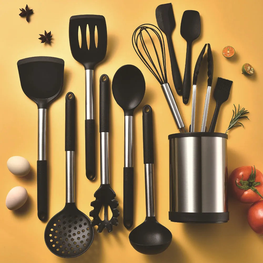 Silicone kitchen utensil set with 12 pieces including spatula, turner, ladel, and food clip in rotating storage bucket