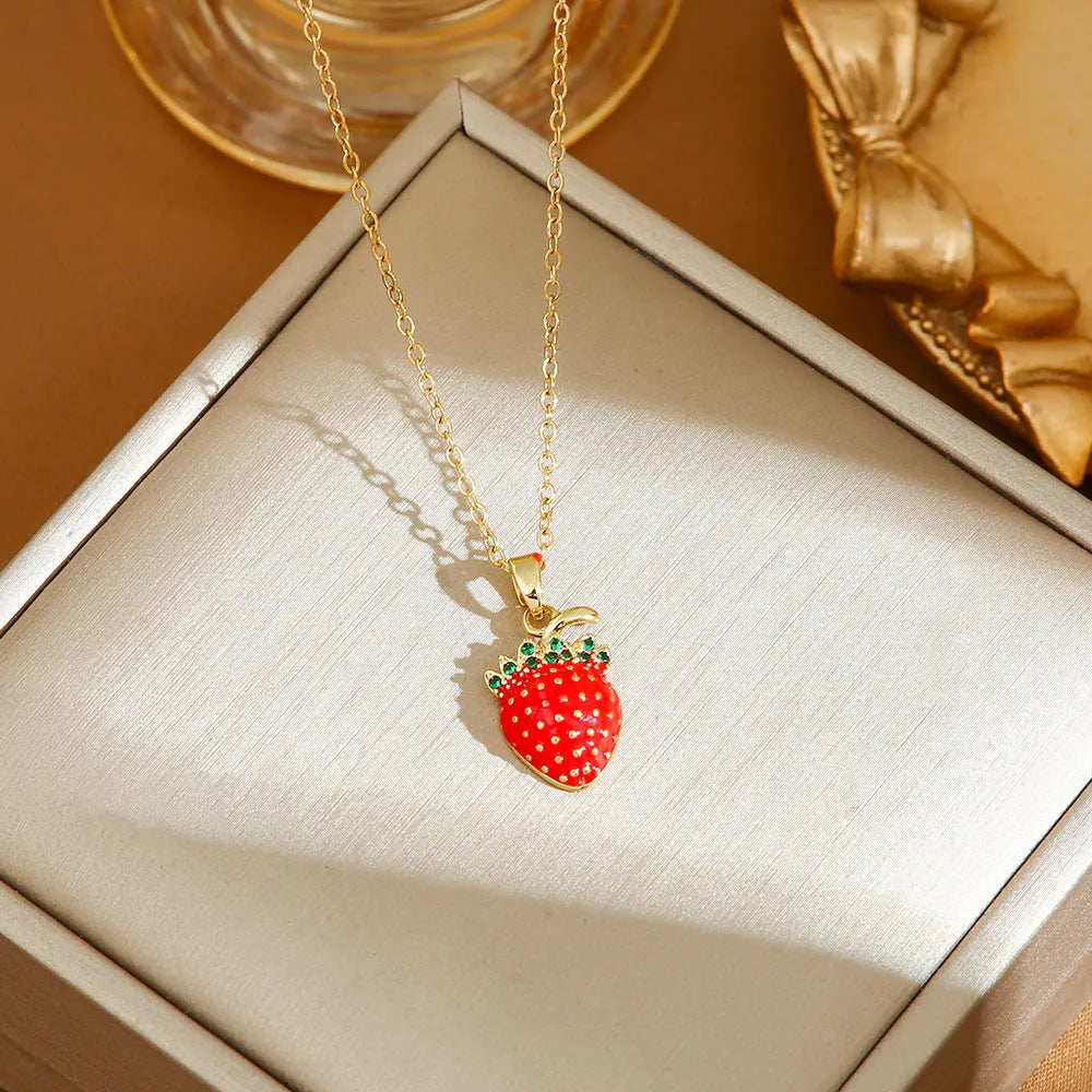 Women's titanium steel necklace with delicate strawberry, cherry and pepper charms on O-ring chain