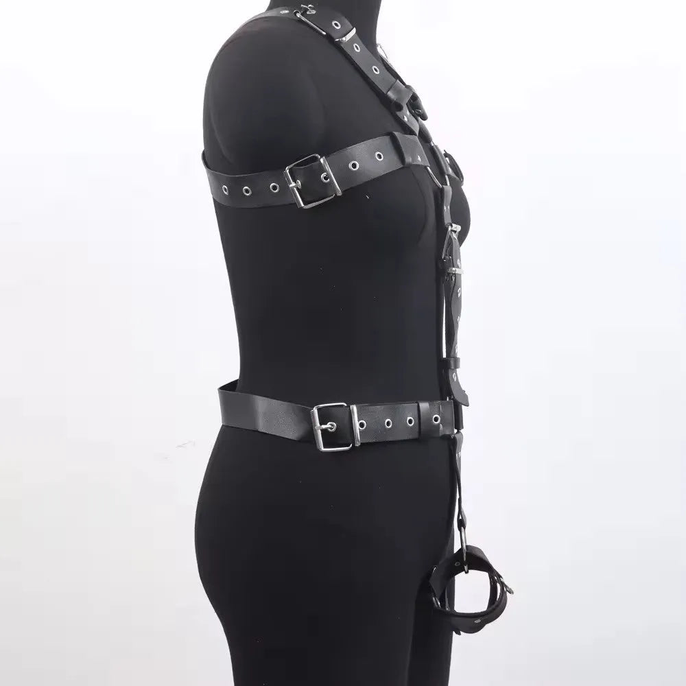 Black leather binding suit with pin buckle fastening for waist shaping