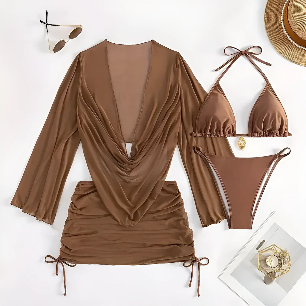 Women's dark brown lace-up bikini swimsuit with backless design