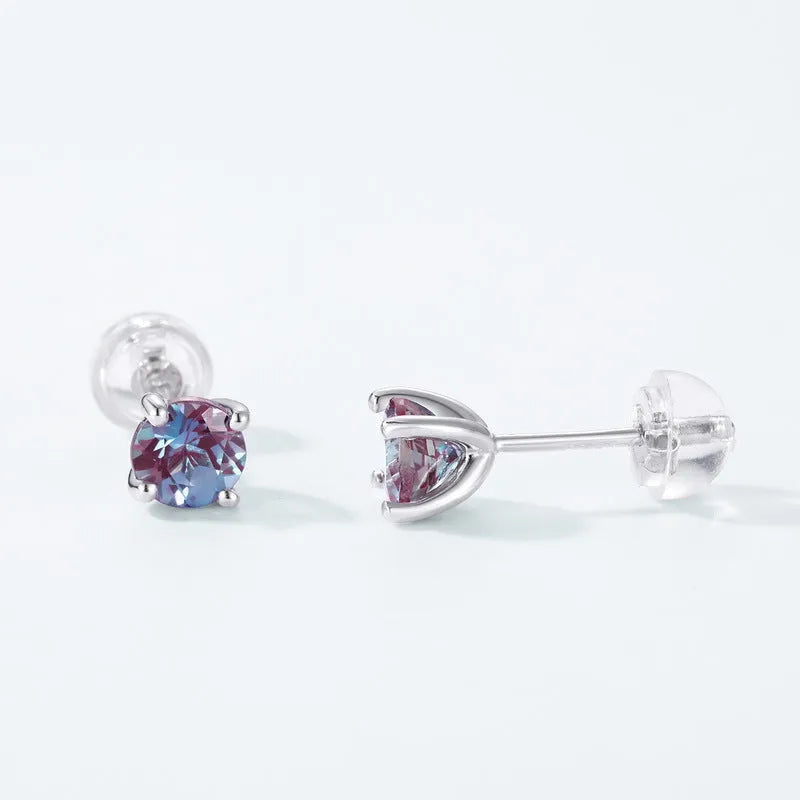 925 silver Alexander stone ear studs with geometric shape and cultivate Alexandrite colour