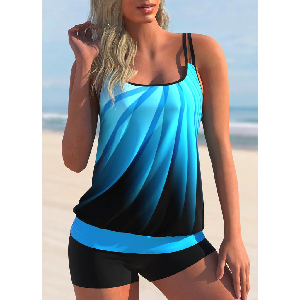 Women's plus size butterfly print swimsuit set with matching sling top and shorts