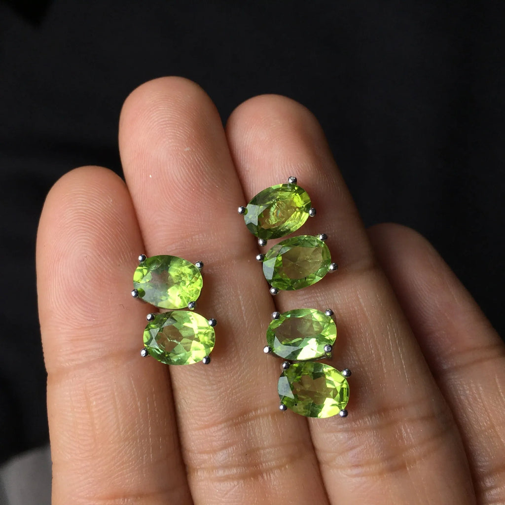 Grass green natural olivine faceted stud earrings in S925 silver setting