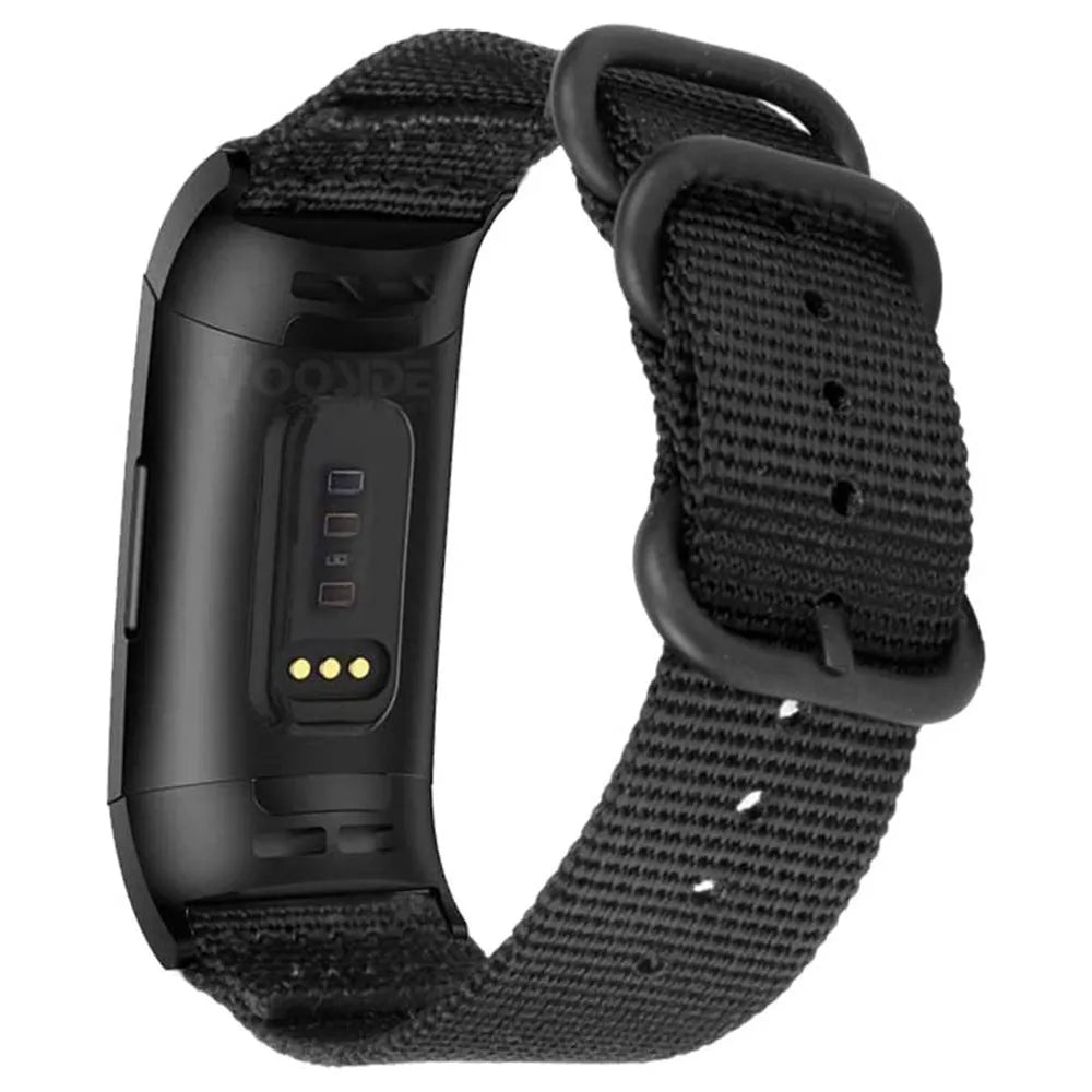 Nylon replacement strap with buckle for Fitbit Charge 2, 3, 4, and 5 fitness trackers.