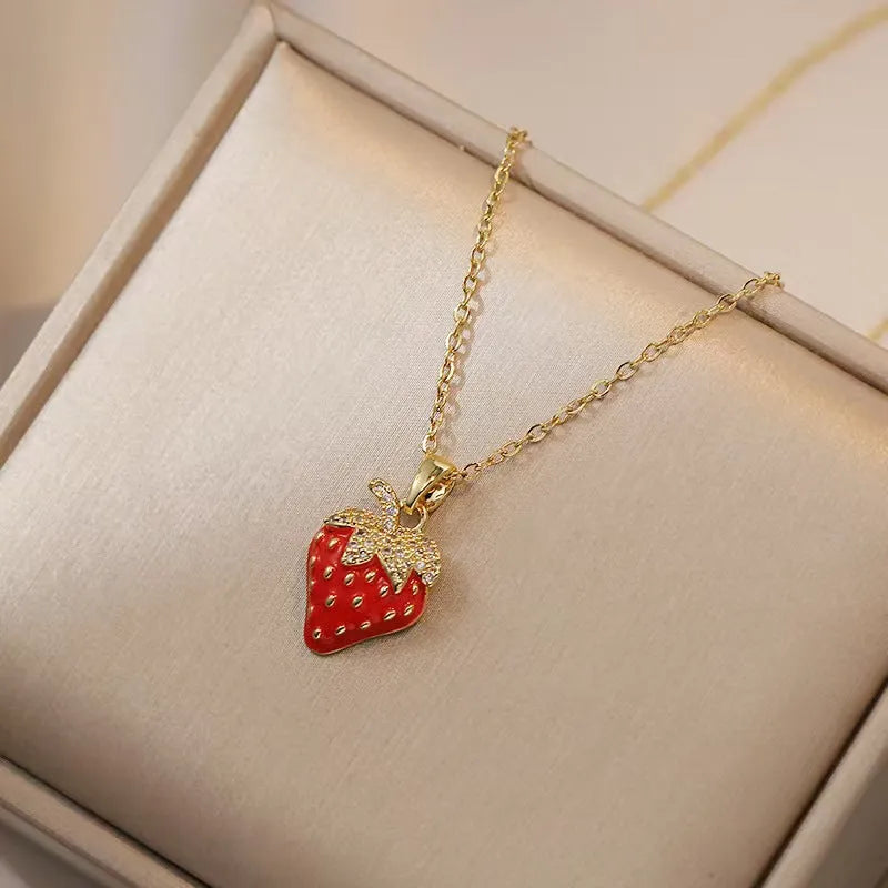 Women's titanium steel necklace with delicate strawberry, cherry and pepper charms on O-ring chain