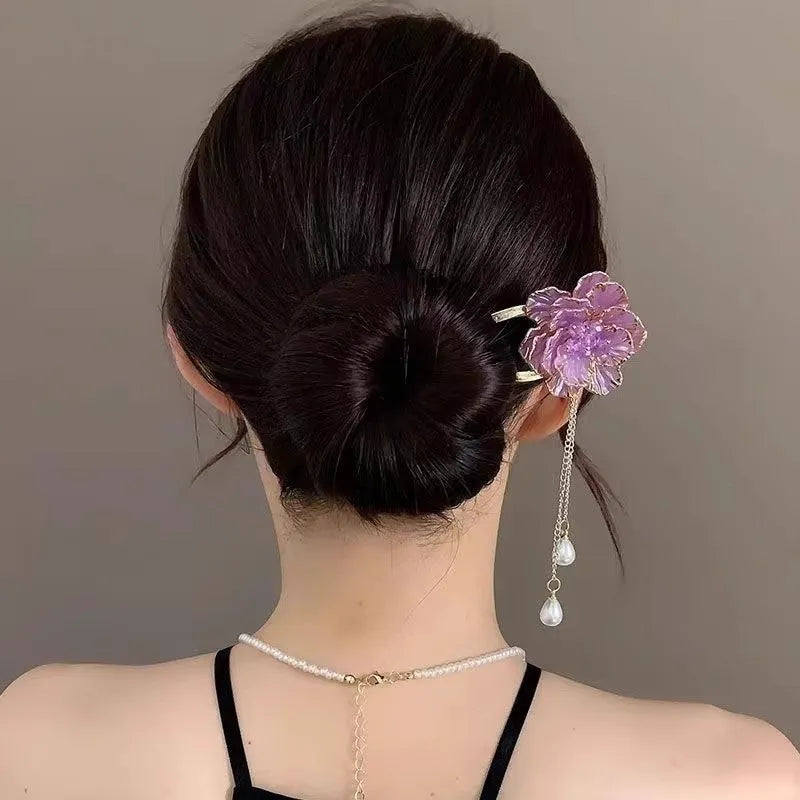 Retro pastoral style U-shaped hairpin with purple peony flower tassel decoration on alloy barrette