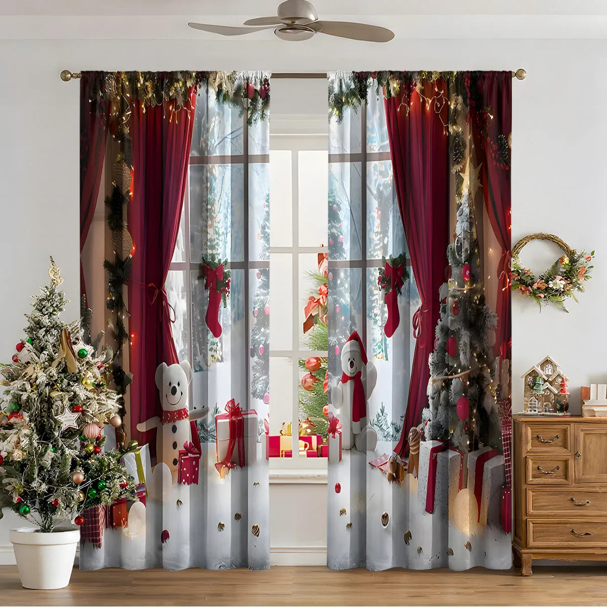 3D digitally printed modern Christmas curtain in a polyester fabric, showing one of fifteen available design styles.