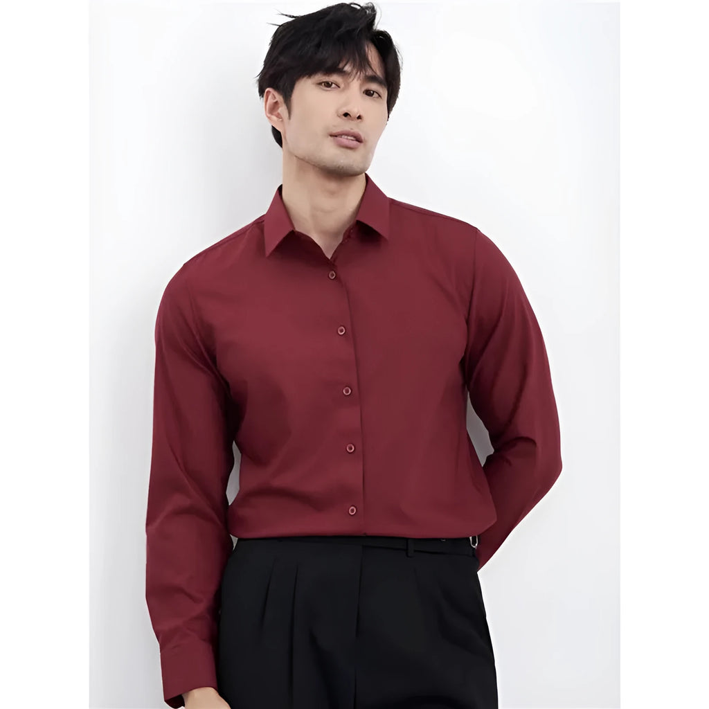Men's wine red slim fit long sleeve shirt with a cardigan style and non-iron fabric.