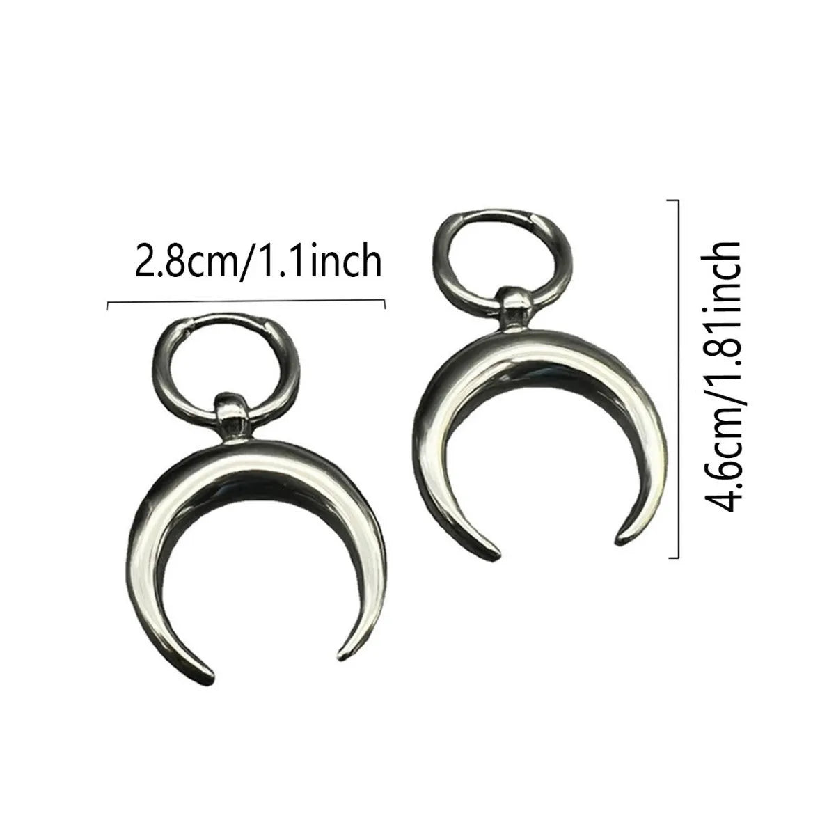 Silver geometric big hoop earrings with a gothic moon charm and clip-on fastening