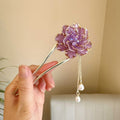 Retro pastoral style U-shaped hairpin with purple peony flower tassel decoration on alloy barrette