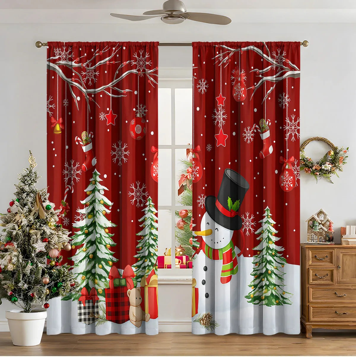 3D digitally printed modern Christmas curtain in a polyester fabric, showing one of fifteen available design styles.