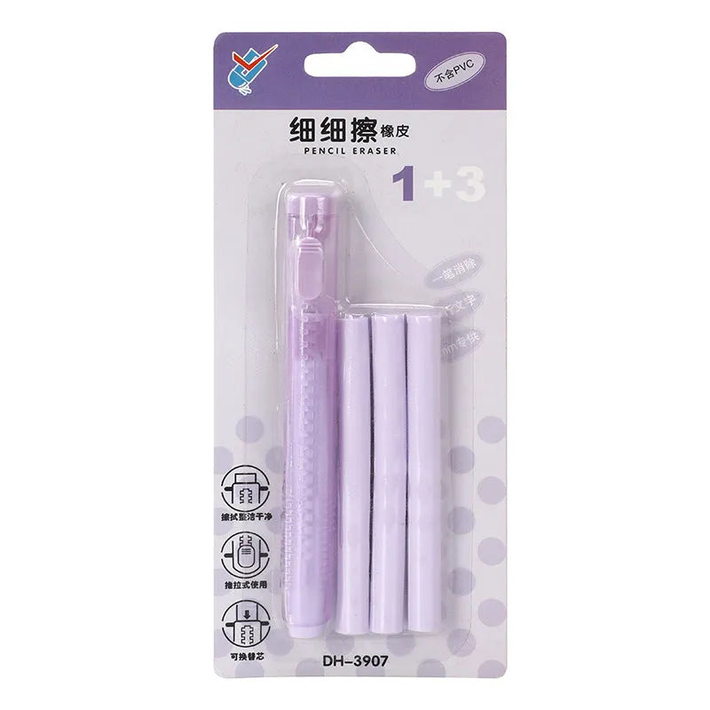 Push type automatic eraser in blue, green, pink, and purple colours for children's stationery