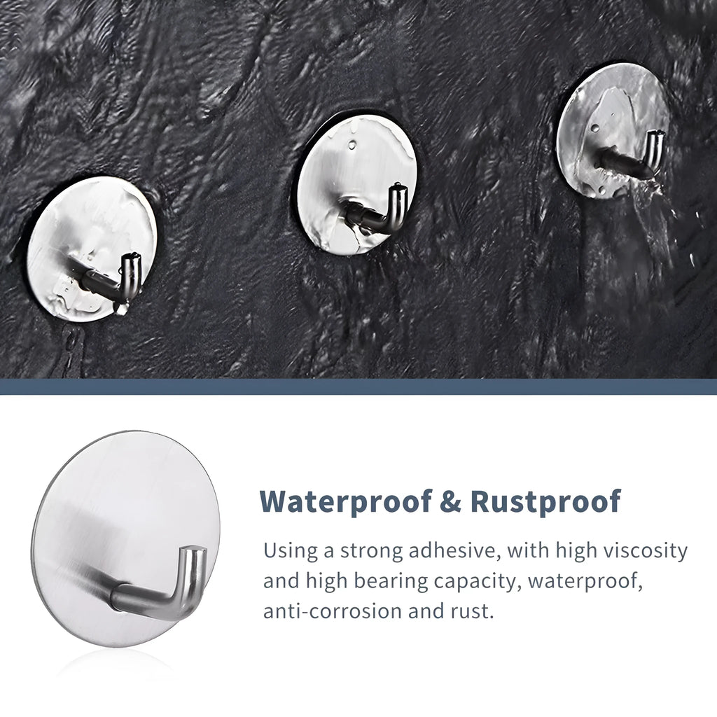 Stainless steel self-adhesive wall hook in black and polished silver finishes.