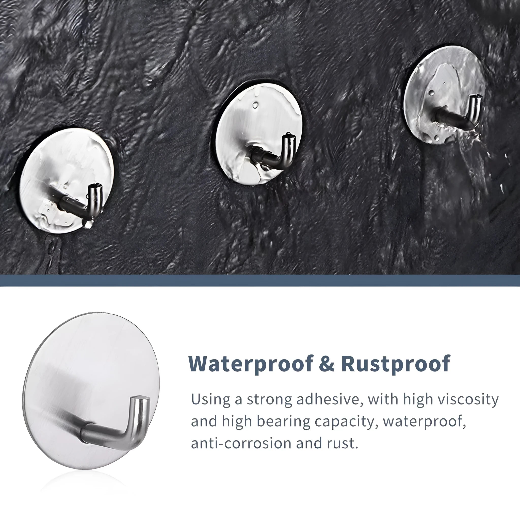 Stainless steel self-adhesive wall hook in black and polished silver finishes.