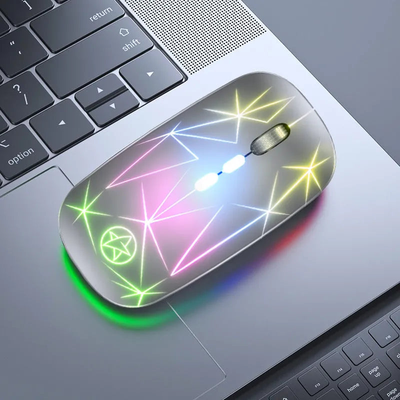 Wireless Bluetooth mouse with luminous charging in star black colour showing five buttons and metal roller wheel