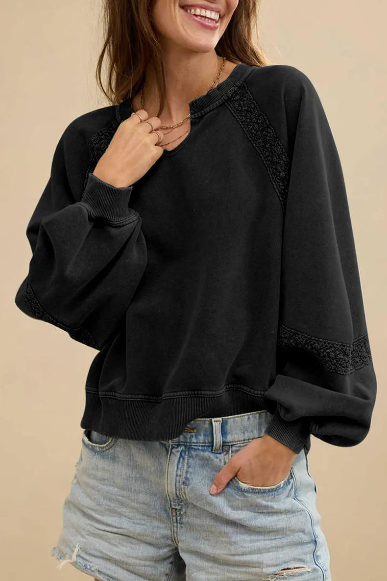 Women's loose fit sweater with half-open collar and stitching lace detail in solid colour