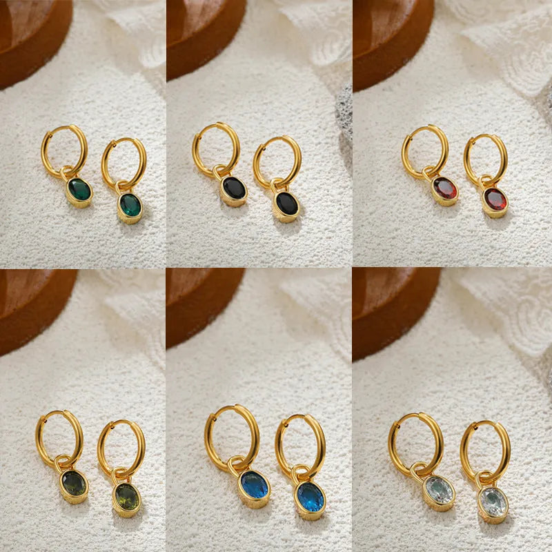 Women's oval zircon earrings in retro copper setting, showing colour options: white, emerald, green, black, red, blue.
