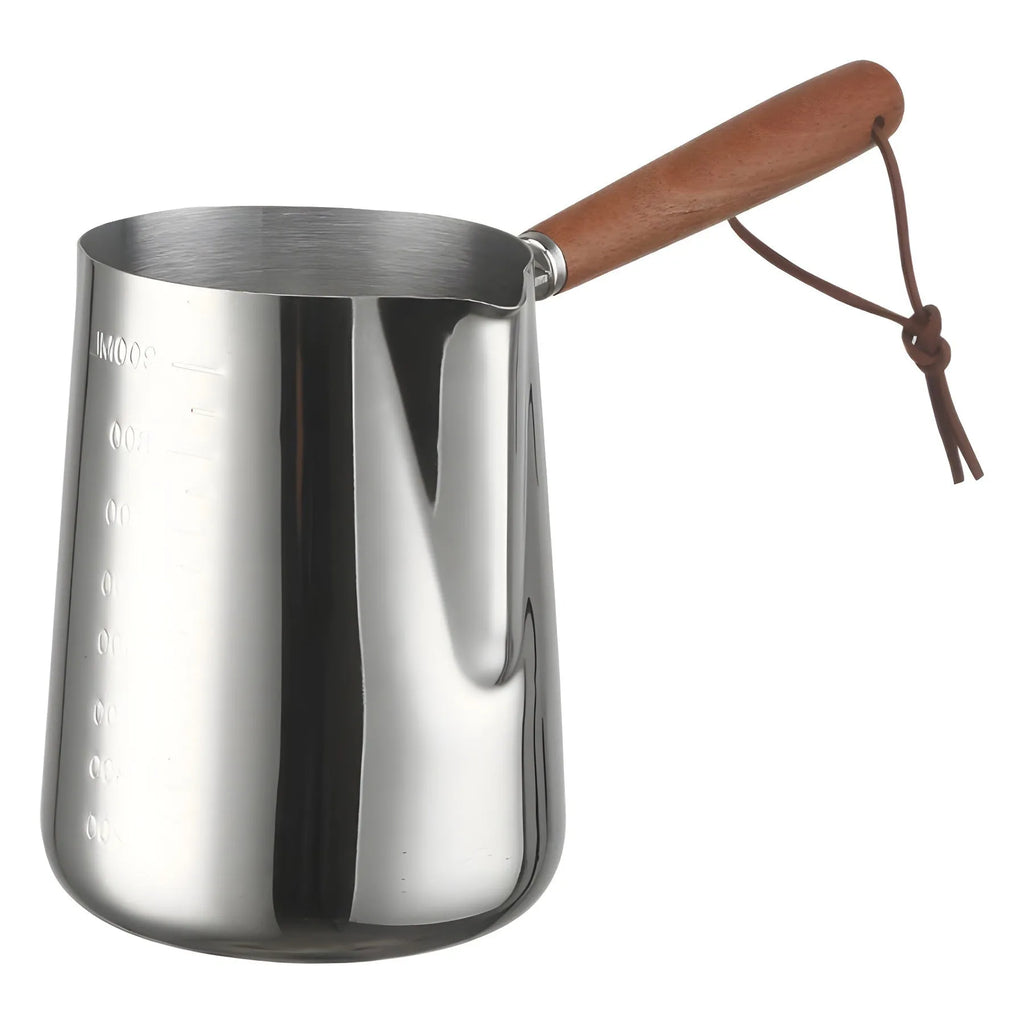 Stainless steel garland coffee cup with wooden handle showing ml scale, in three size options.
