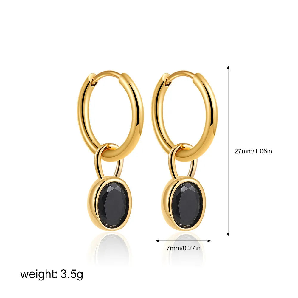 Women's oval zircon earrings in retro copper setting, showing colour options: white, emerald, green, black, red, blue.