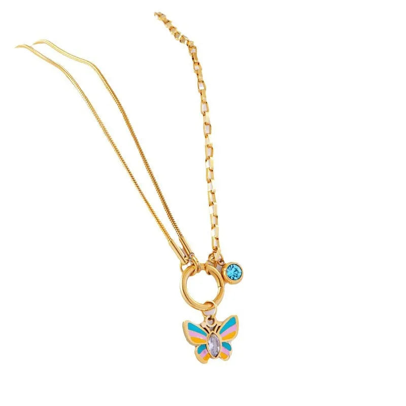 Gold titanium steel butterfly jewellery set with colourful epoxy pendant on snake bones chain necklace and bracelet