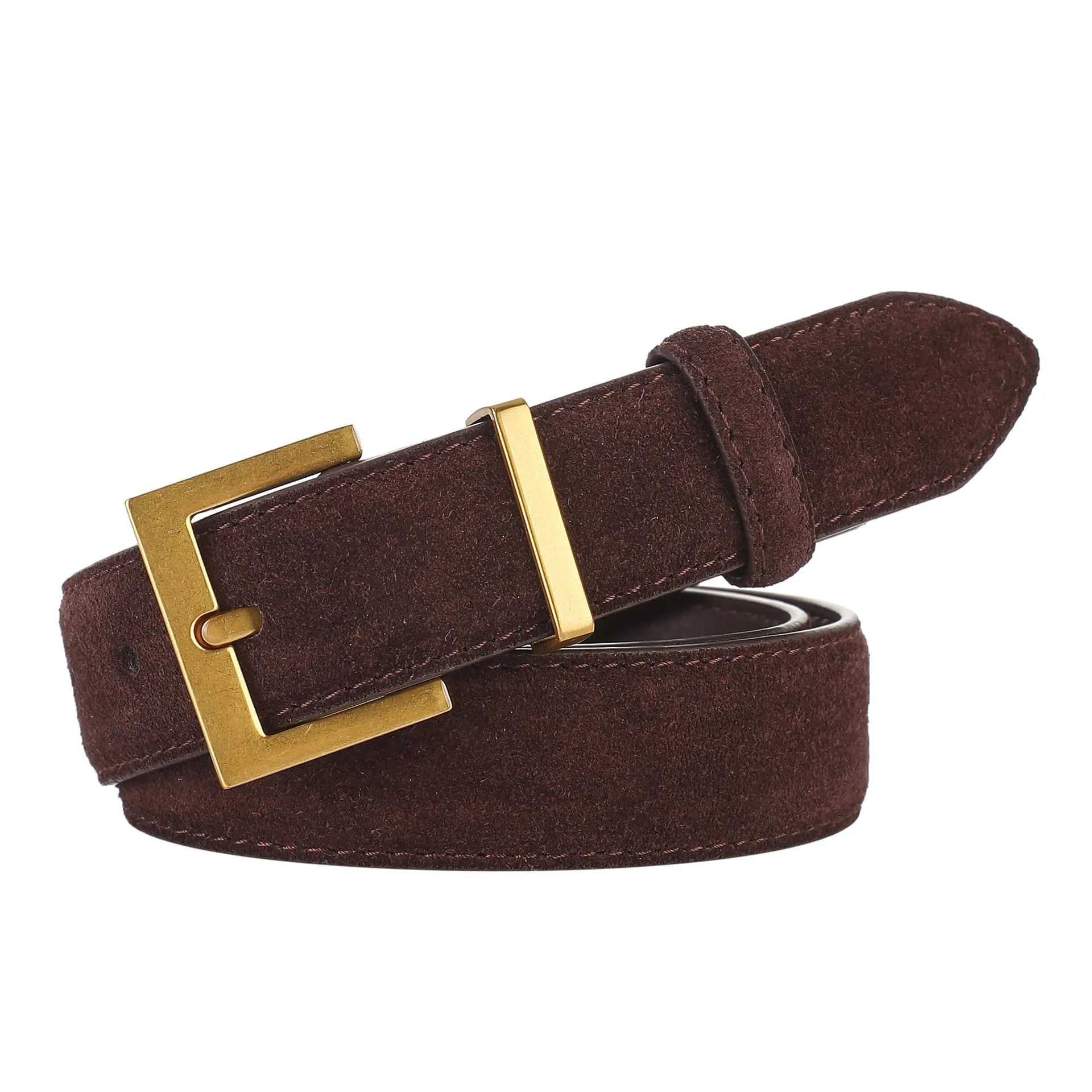Ladies' black leather pin buckle belt with quadrilateral alloy buckle on a white background.