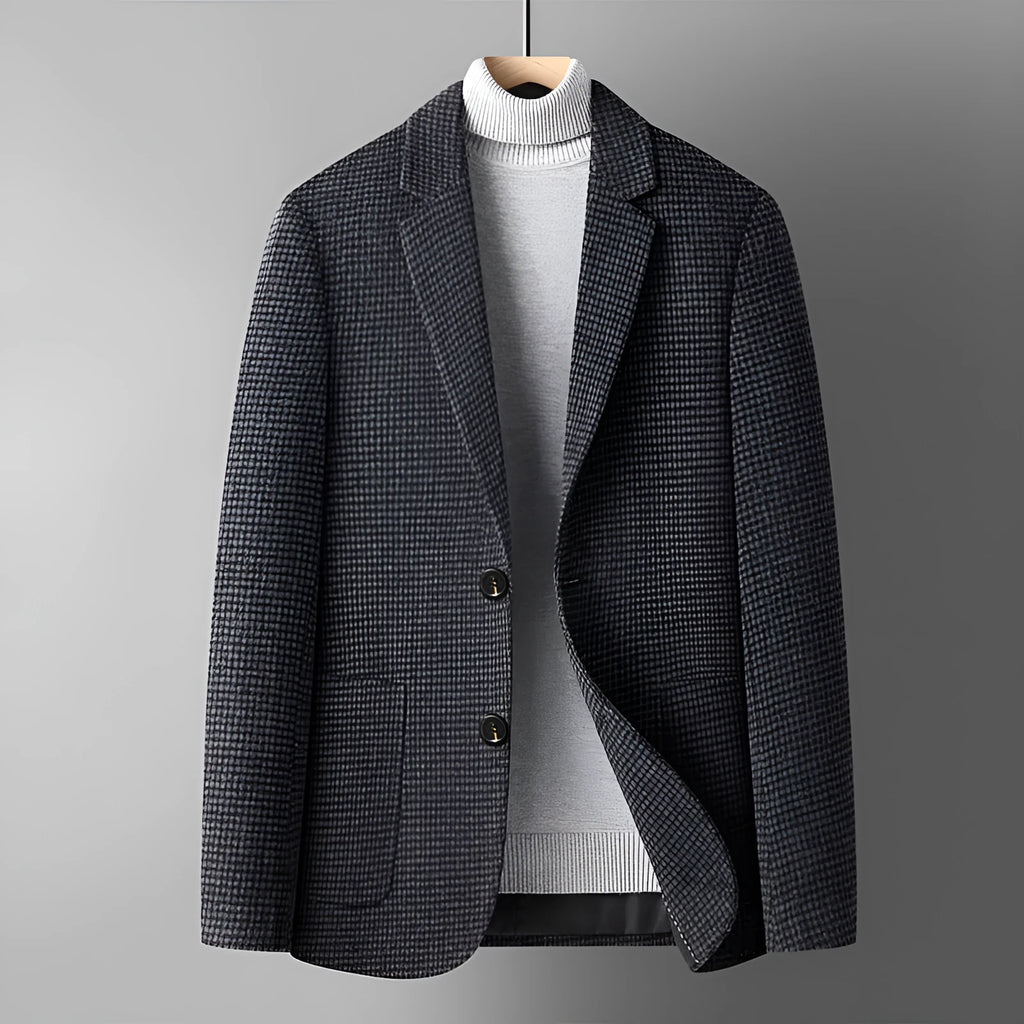 Men's slim fit grey wool suit jacket for autumn winter wear.