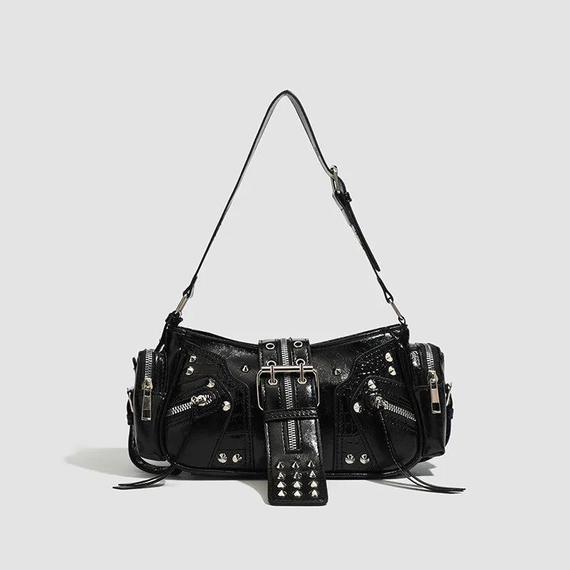 Black retro dumpling-shaped women's shoulder handbag with exterior pockets and organised interior.