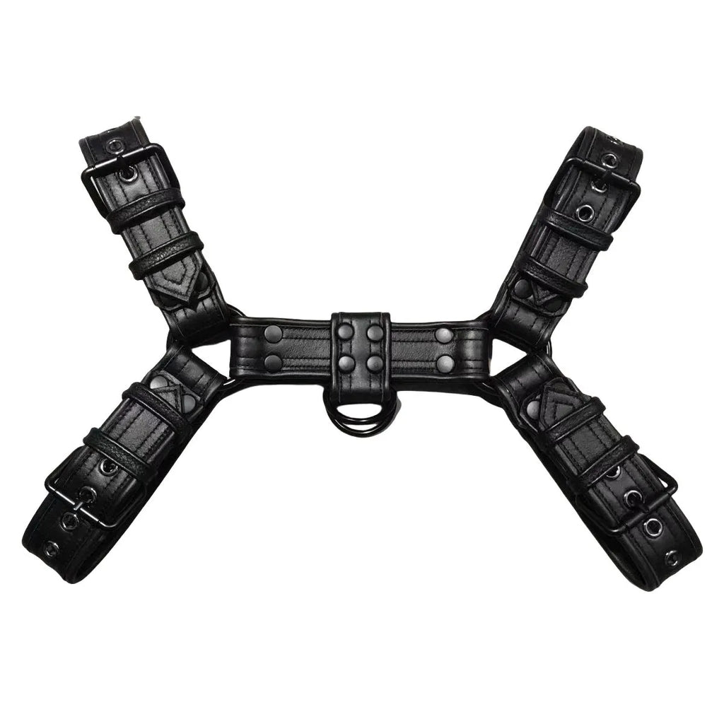 Black leather chest muscle bondage strap with metal buckle and rivets on a mannequin