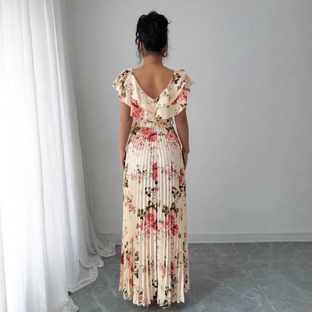 Apricot floral print dress with V-neckline and ruffled sleeves