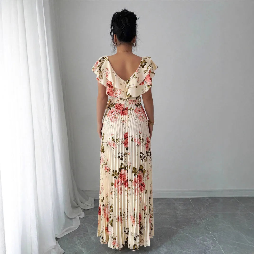 Apricot floral print dress with V-neckline and ruffled sleeves
