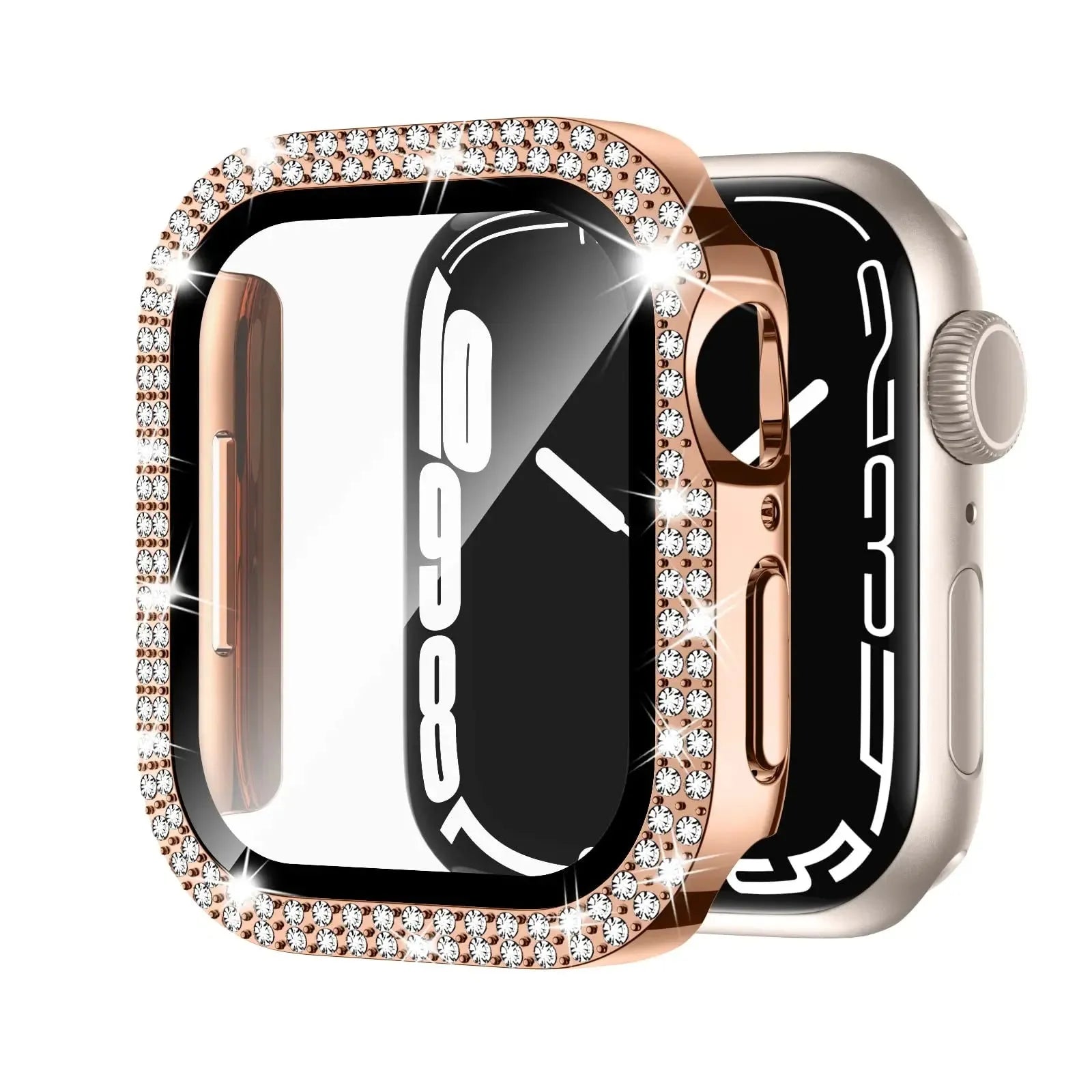 Apple Watch with a protective case and Double Diamond Glass screen protector in rose gold colour