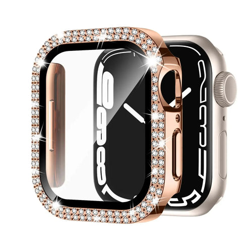 Apple Watch with a protective case and Double Diamond Glass screen protector in rose gold colour