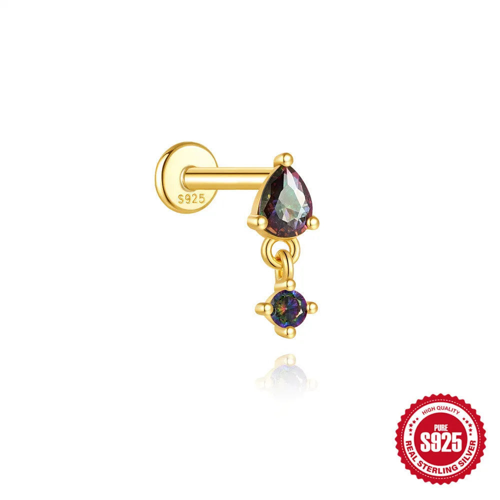 S925 sterling silver geometric flat head earring with a shiny rainbow stone on an alloy backing.