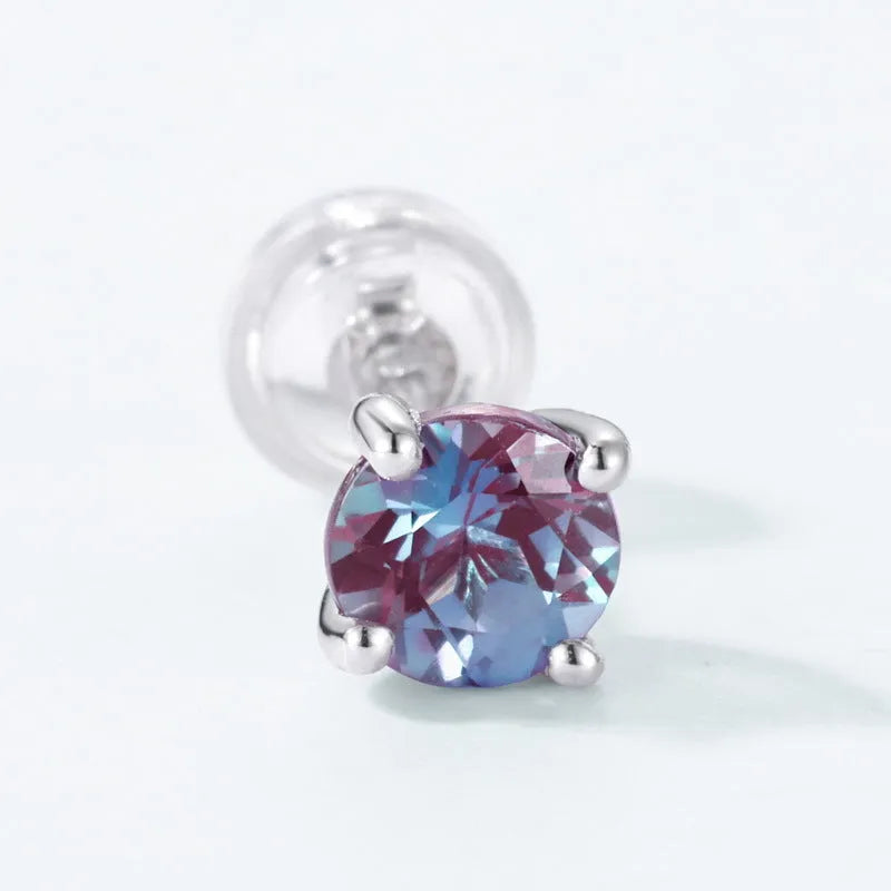 925 silver Alexander stone ear studs with geometric shape and cultivate Alexandrite colour