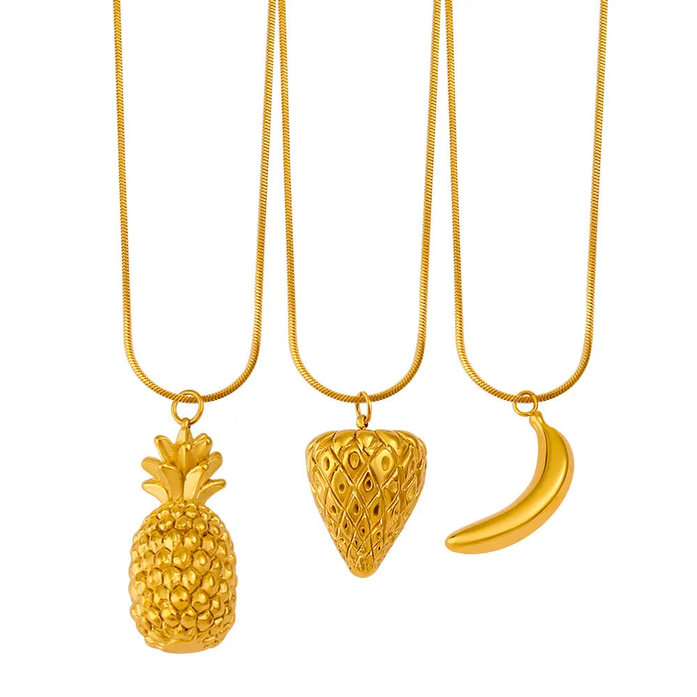 Stainless steel necklace with a detailed alloy fruit pendant charm.
