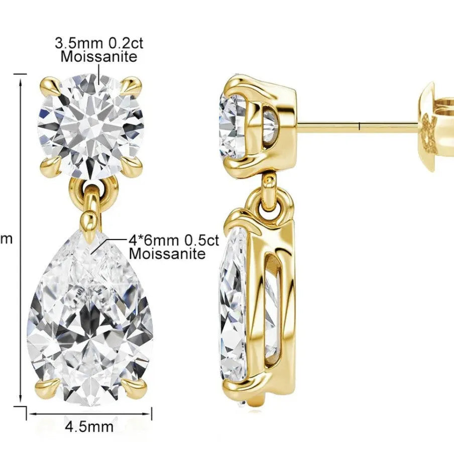 925 sterling silver geometric stud earrings with round and water drop moissanite stones in gold or silver plating