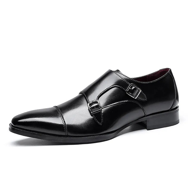 Men's British style leather business shoes with square toe design in black and light brown options