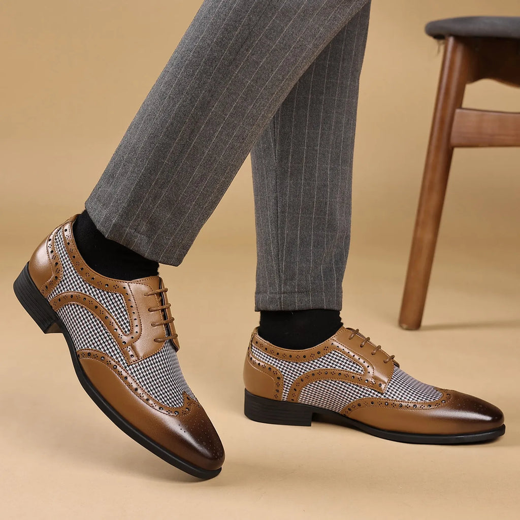 Men's imitation houndstooth plaid casual shoes with canvas upper and lace-up front, shown in available colours.