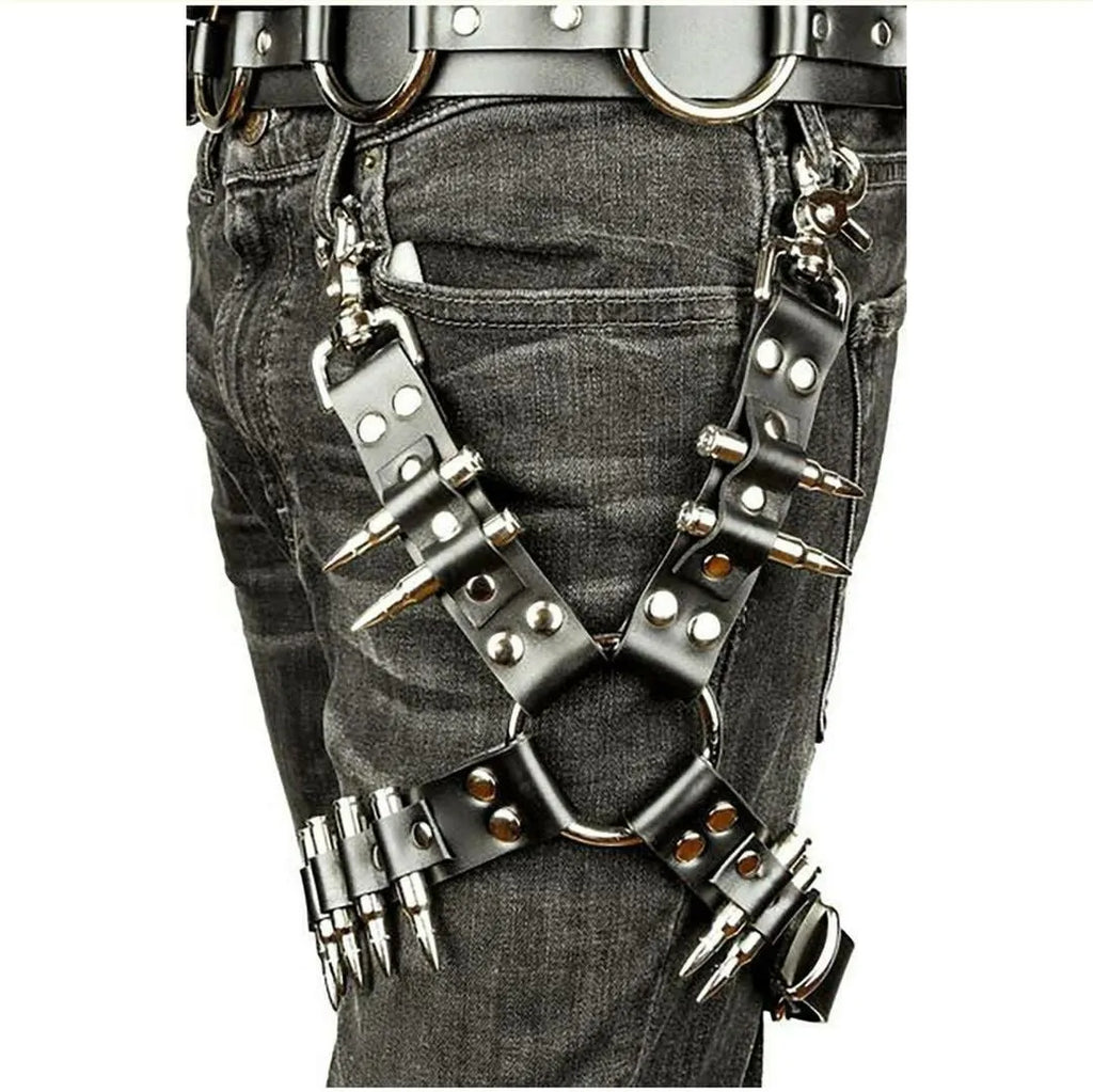 Black PU leather women's leggings with adjustable thigh harness straps