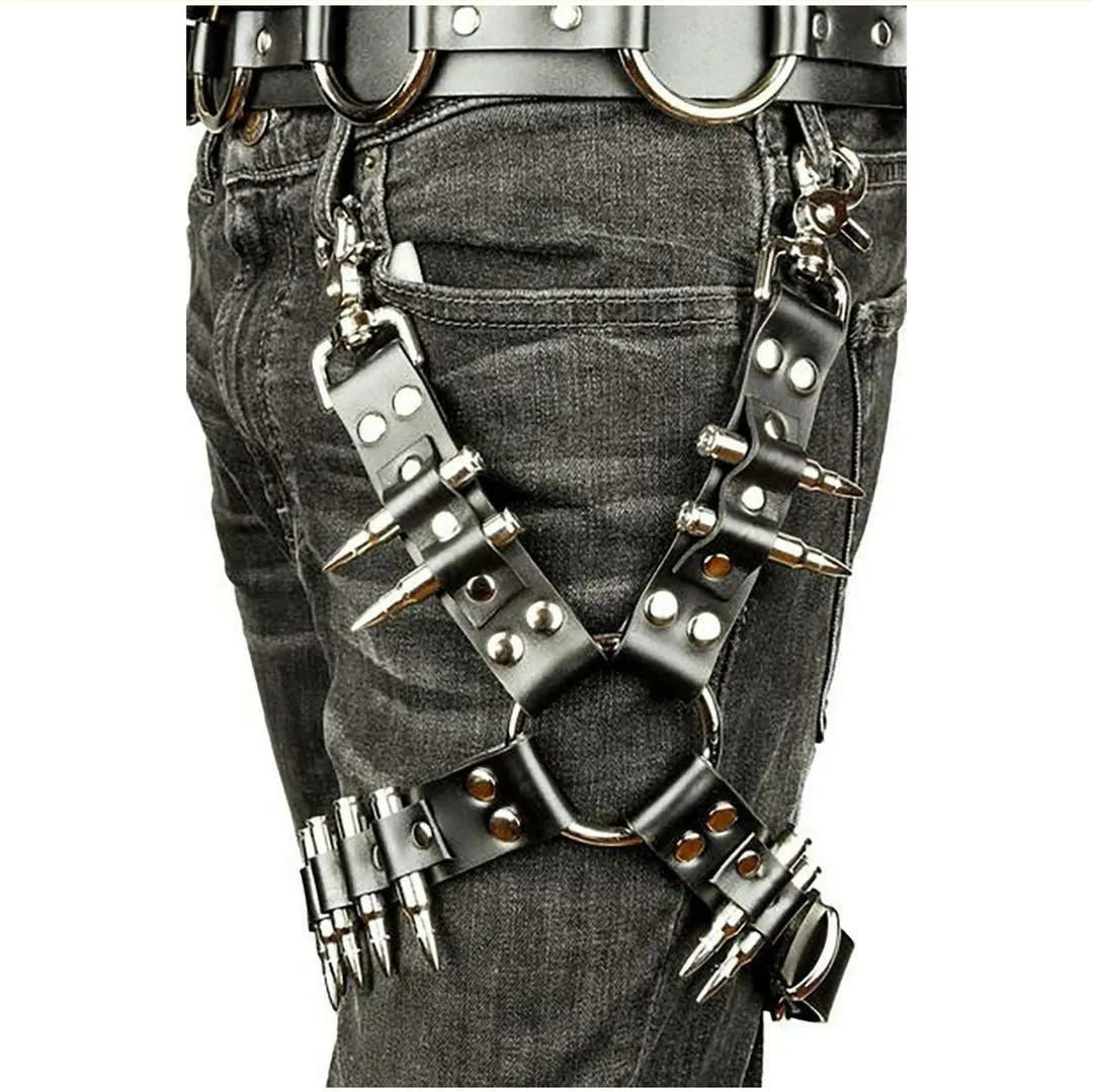 Black PU leather women's leggings with adjustable thigh harness straps