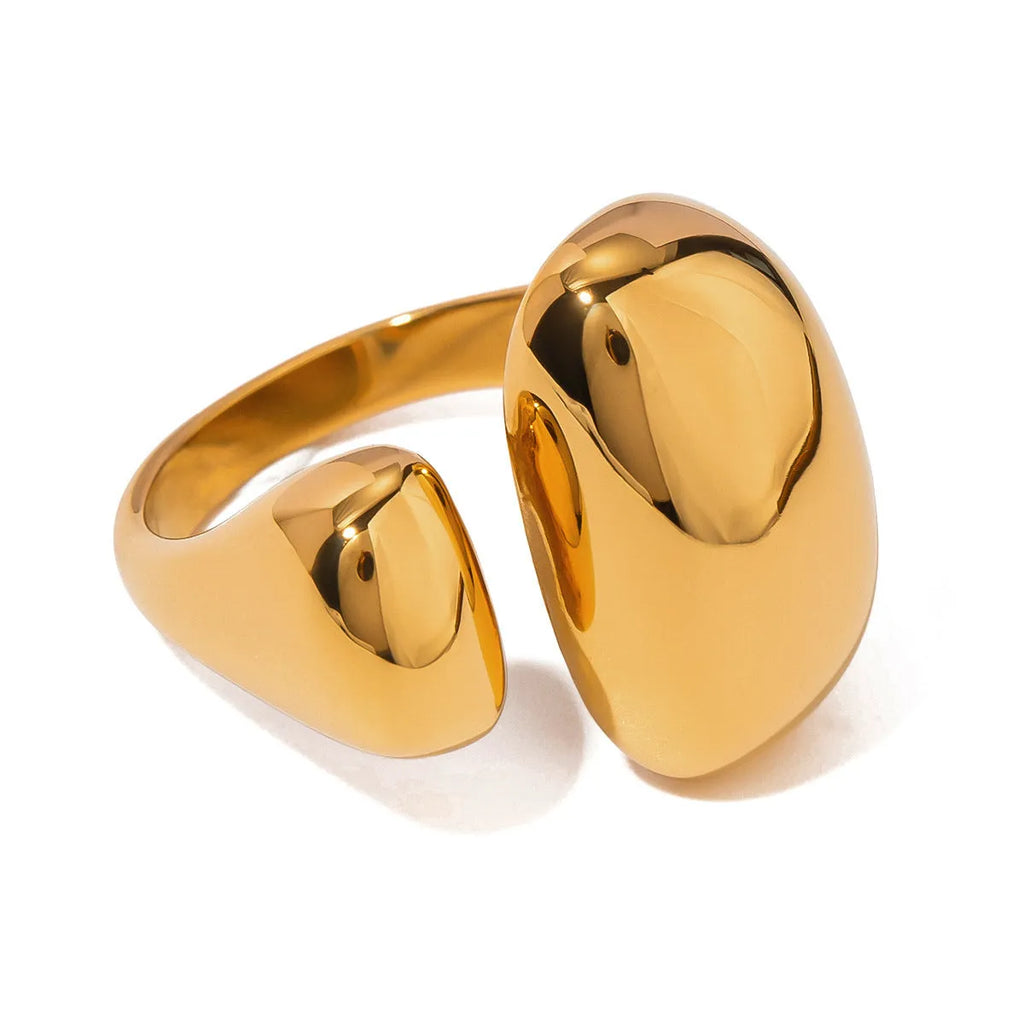 Women's exaggerated geometric stainless steel open ring with electroplated finish.